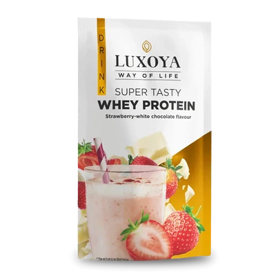 SUPER TASTY WHEY PROTEIN - PRÉMIUM FEHÉRJE ITALPOR 30 g - Eper-fehér csokoládé ízű VALÓDI EPERDARABOKKAL!