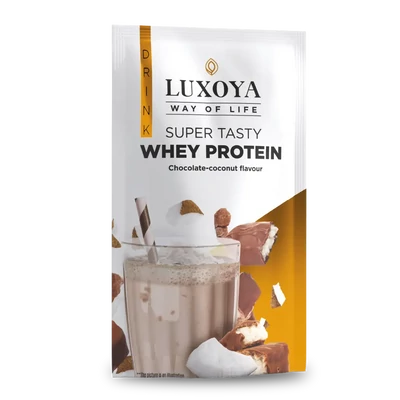 SUPER TASTY WHEY PROTEIN - PRÉMIUM FEHÉRJE ITALPOR 30 g - Csokoládé-kókusz ízű - VALÓDI CSOKIDARABOKKAL ÉS KÓKUSZRESZELÉKKEL!