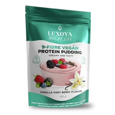 9-FIBRE VEGAN PROTEIN PUDDING - VEGÁN FEHÉRJÉT TARTALMAZÓ ROSTPUDING 9 FÉLE NÖVÉNYI ROSTTAL 450 g - Vanília-erdei gyümölcs ízű