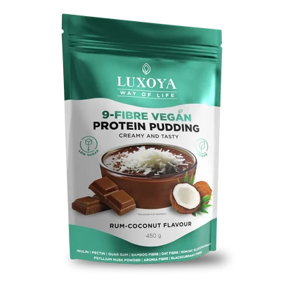 9-FIBRE VEGAN PROTEIN PUDDING - VEGÁN FEHÉRJÉT TARTALMAZÓ ROSTPUDING 9 FÉLE NÖVÉNYI ROSTTAL 450 g Rumos-kókuszos csokoládé ízű