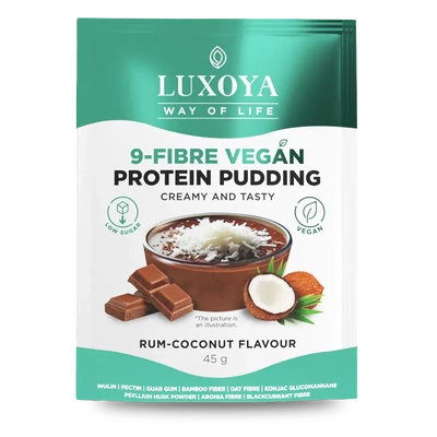 9-FIBRE VEGAN PROTEIN PUDDING - VEGÁN FEHÉRJÉT TARTALMAZÓ ROSTPUDING 9 FÉLE NÖVÉNYI ROSTTAL 45 g - Rumos-kókuszos csokoládé ízű