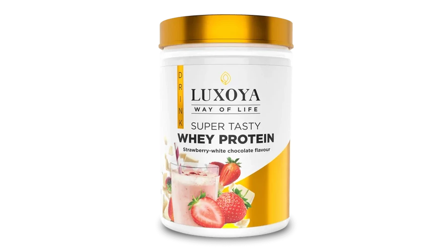 LUXOYA - SUPER TASTY WHEY PROTEIN - Prémium fehérje italpor 450 g PET - Eper-fehér csokoládé ízű