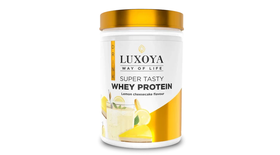 LUXOYA - SUPER TASTY WHEY PROTEIN - PRÉMIUM FEHÉRJE ITALPOR 450 g PET - Citromos sajttorta ízű