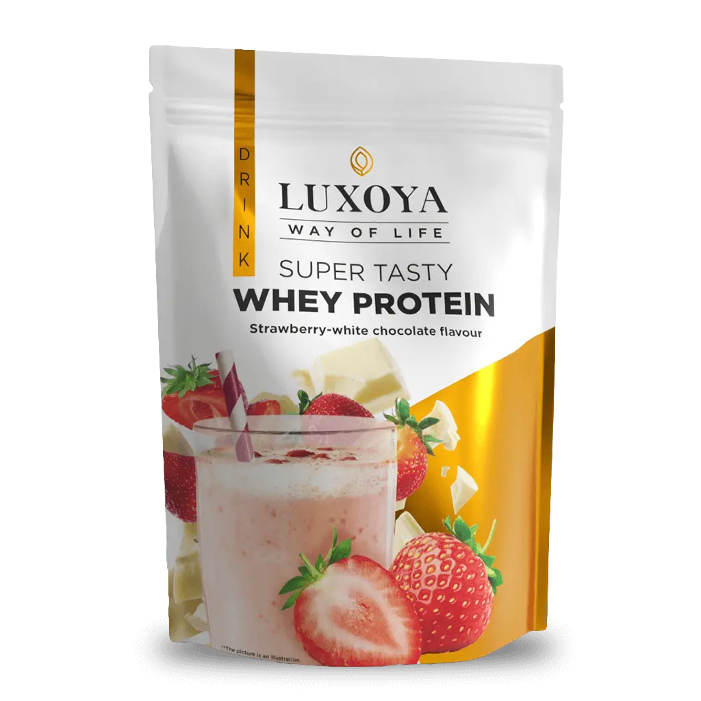 SUPER TASTY WHEY PROTEIN -PRÉMIUM FEHÉRJE ITALPOR 450 g DOY - Eper-fehér csokoládé ízű VALÓDI EPERDARABOKKAL!