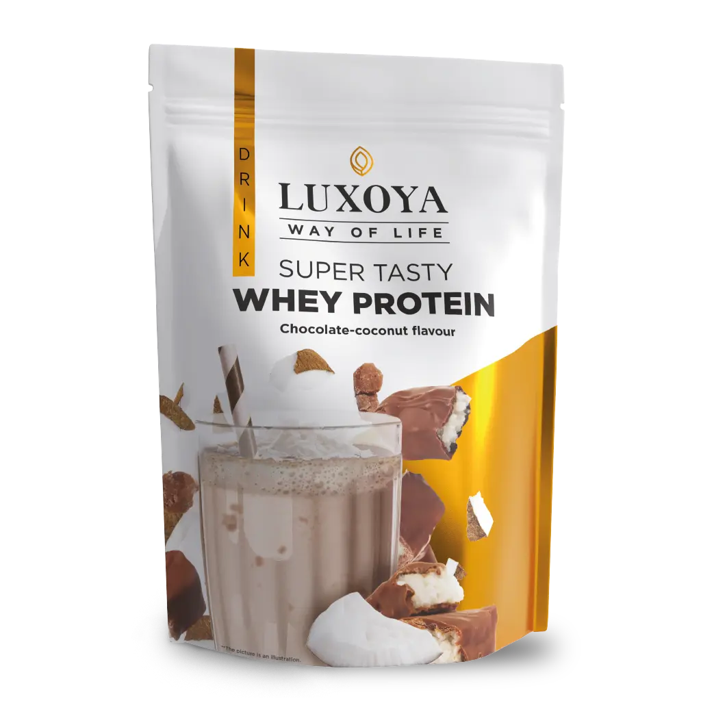 SUPER TASTY WHEY PROTEIN - PRÉMIUM FEHÉRJE ITALPOR 450 g DOY - Csokoládé-kókusz ízű - VALÓDI CSOKIDARABOKKAL ÉS KÓKUSZRESZELÉKKEL!