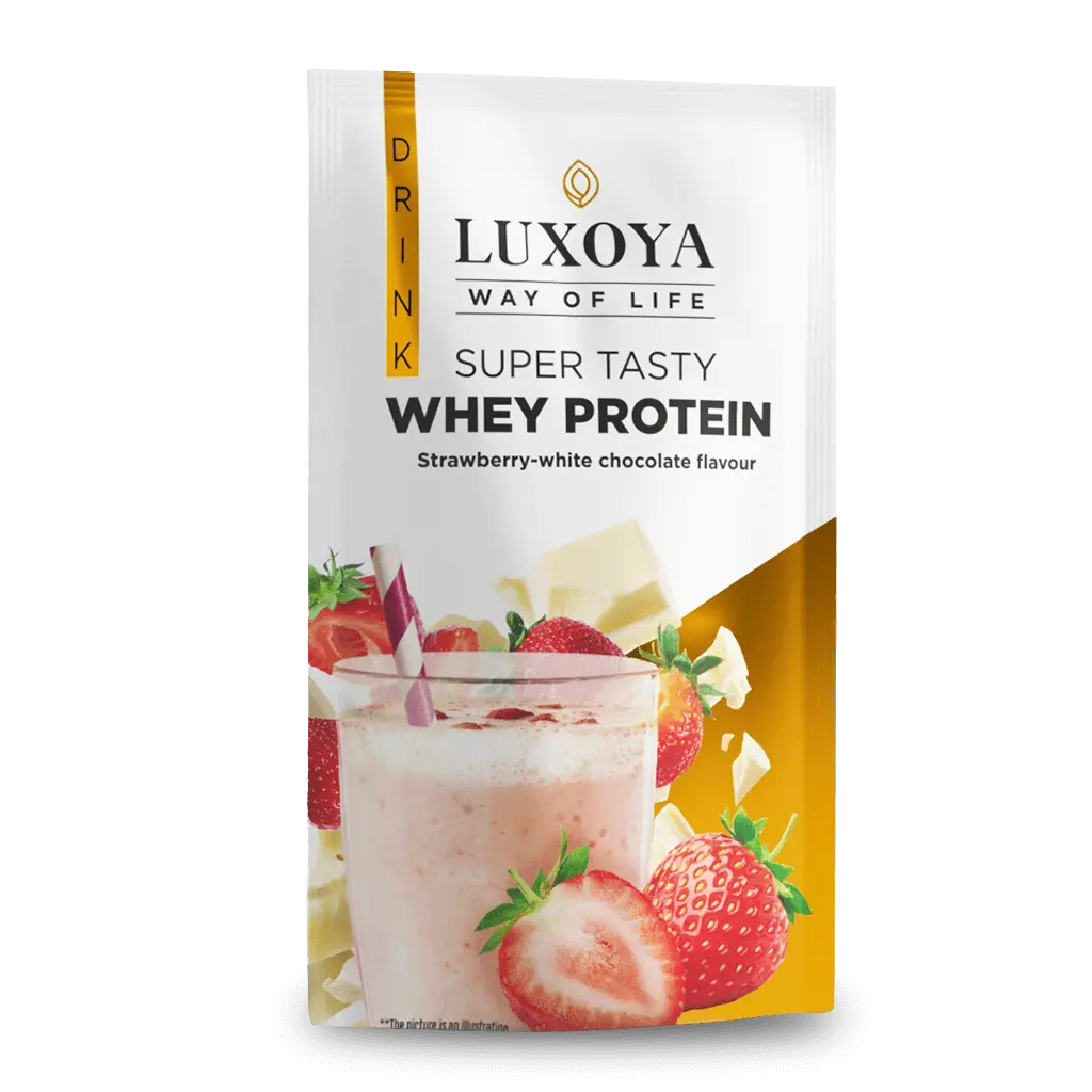 SUPER TASTY WHEY PROTEIN - PRÉMIUM FEHÉRJE ITALPOR 30 g - Eper-fehér csokoládé ízű VALÓDI EPERDARABOKKAL!