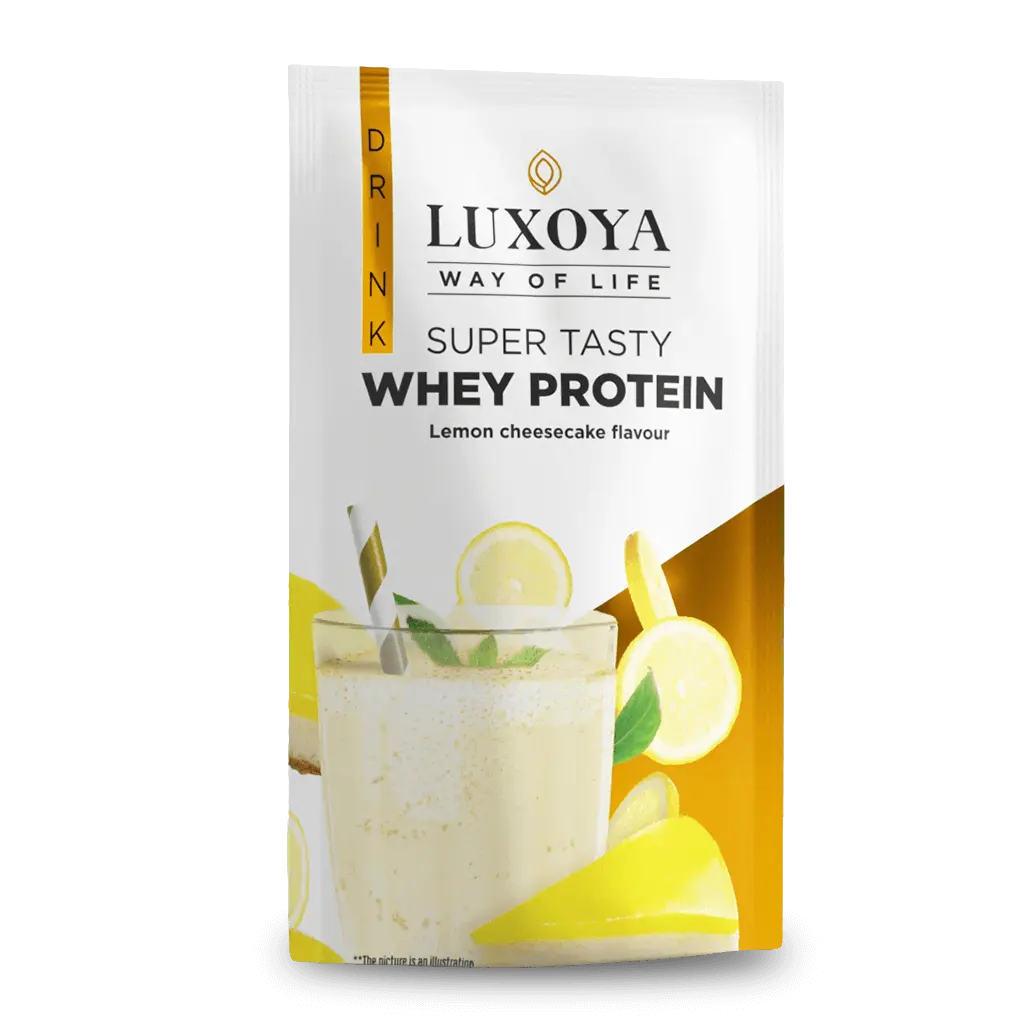 SUPER TASTY WHEY PROTEIN - PRÉMIUM FEHÉRJE ITALPOR 30 g - Citromos sajttorta ízű - VALÓDI CITROMHÉJ DARABOKKAL!