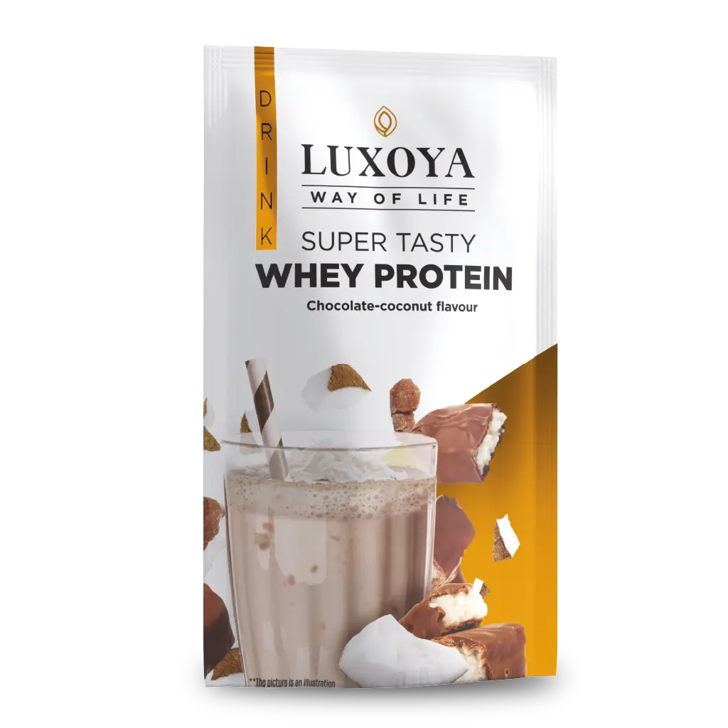 SUPER TASTY WHEY PROTEIN - PRÉMIUM FEHÉRJE ITALPOR 30 g - Csokoládé-kókusz ízű - VALÓDI CSOKIDARABOKKAL ÉS KÓKUSZRESZELÉKKEL!