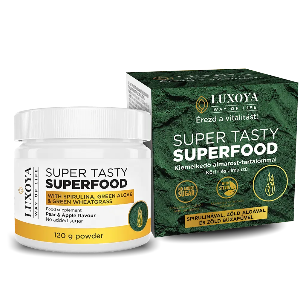 SUPER TASTY SUPERFOOD - KÖRTE-ALMA ÍZESÍTÉSŰ SPIRULINÁT, ZÖLD ALGÁT ÉS ZÖLD BÚZAFÜVET TARTALMAZÓ ÉTREND-KIEGÉSZÍTŐ ITALPOR 120 g