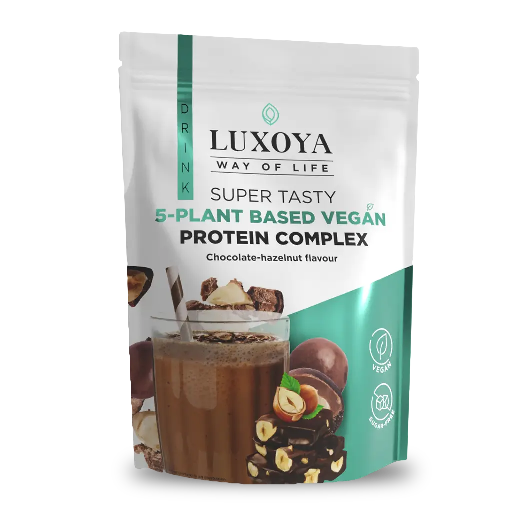 SUPER TASTY 5-PLANT BASED VEGAN PROTEIN COMPLEX - 5 FÉLE NÖVÉNYI FEHÉRJEFORRÁST TARTALMAZÓ VEGÁN FEHÉRJE ITALPOR 450 g - Csokoládé-mogyoró ízű