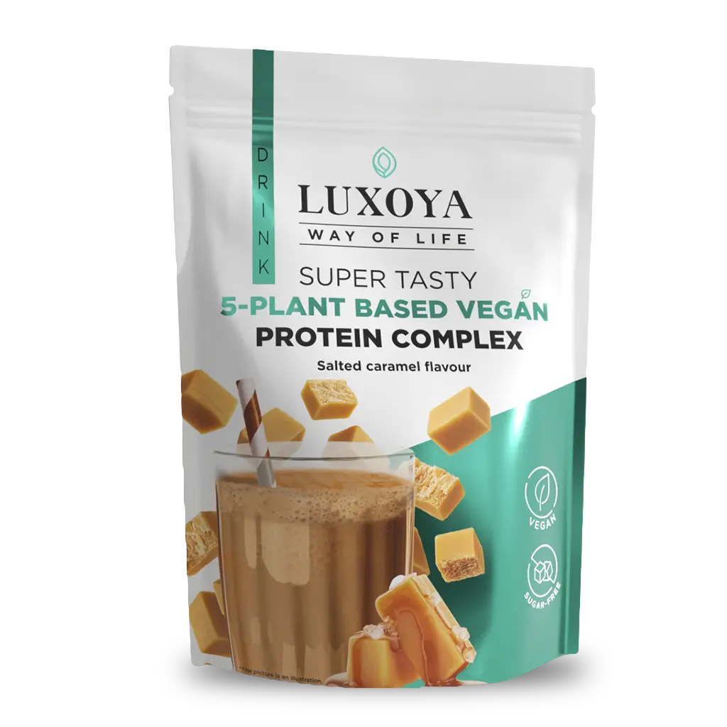 SUPER TASTY 5-PLANT BASED VEGAN PROTEIN COMPLEX - 5 FÉLE NÖVÉNYI FEHÉRJEFORRÁST TARTALMAZÓ VEGÁN FEHÉRJE ITALPOR 450 g - Sós karamella ízű