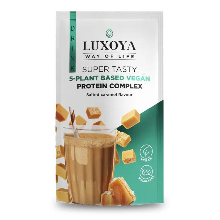 SUPER TASTY 5-PLANT BASED VEGAN PROTEIN COMPLEX - 5 FÉLE NÖVÉNYI FEHÉRJEFORRÁST TARTALMAZÓ VEGÁN FEHÉRJE ITALPOR 30 g - Sós karamella ízű