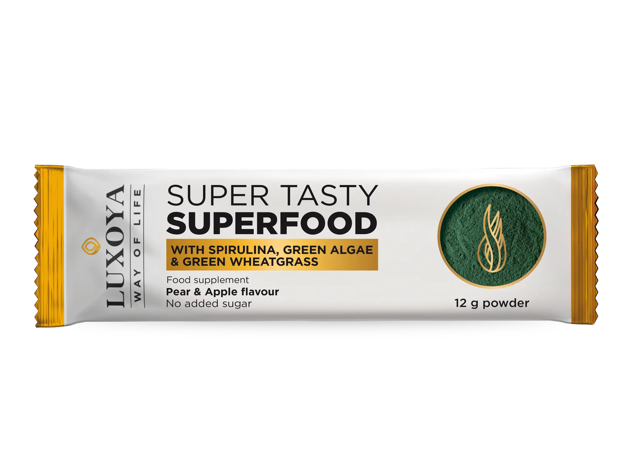 SUPER TASTY SUPERFOOD - KÖRTE-ALMA ÍZESÍTÉSŰ SPIRULINÁT, ZÖLD ALGÁT ÉS ZÖLD BÚZAFÜVET TARTALMAZÓ ÉTREND-KIEGÉSZÍTŐ ITALPOR 12 g