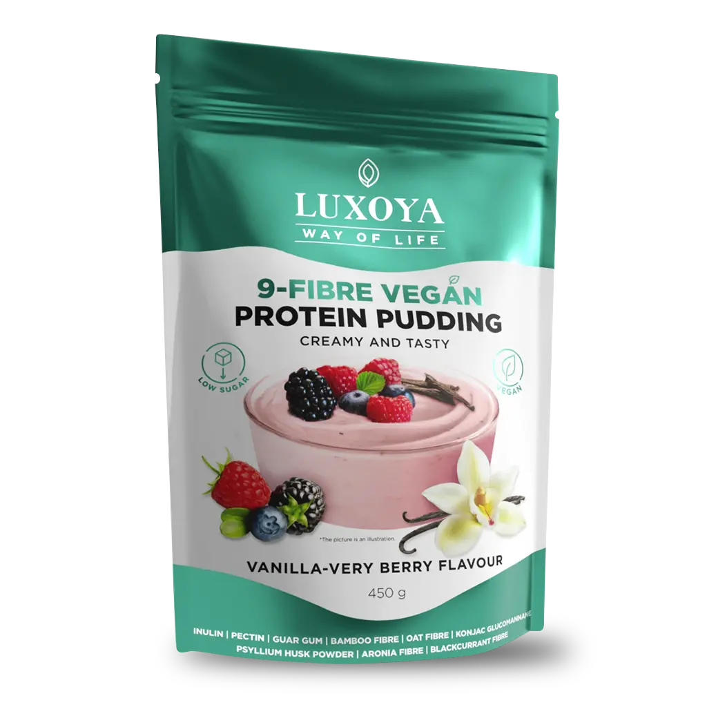 9-FIBRE VEGAN PROTEIN PUDDING - VEGÁN FEHÉRJÉT TARTALMAZÓ ROSTPUDING 9 FÉLE NÖVÉNYI ROSTTAL 450 g - Vanília-erdei gyümölcs ízű