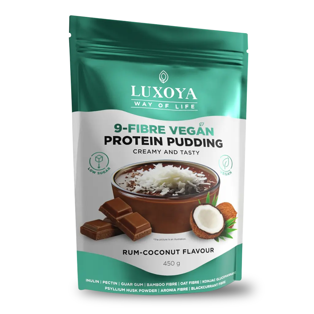 9-FIBRE VEGAN PROTEIN PUDDING - VEGÁN FEHÉRJÉT TARTALMAZÓ ROSTPUDING 9 FÉLE NÖVÉNYI ROSTTAL 450 g Rumos-kókuszos csokoládé ízű